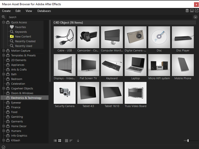 The Cinema 4D Asset Browser can be used directly in After Effects to select and add new objects to the scene.