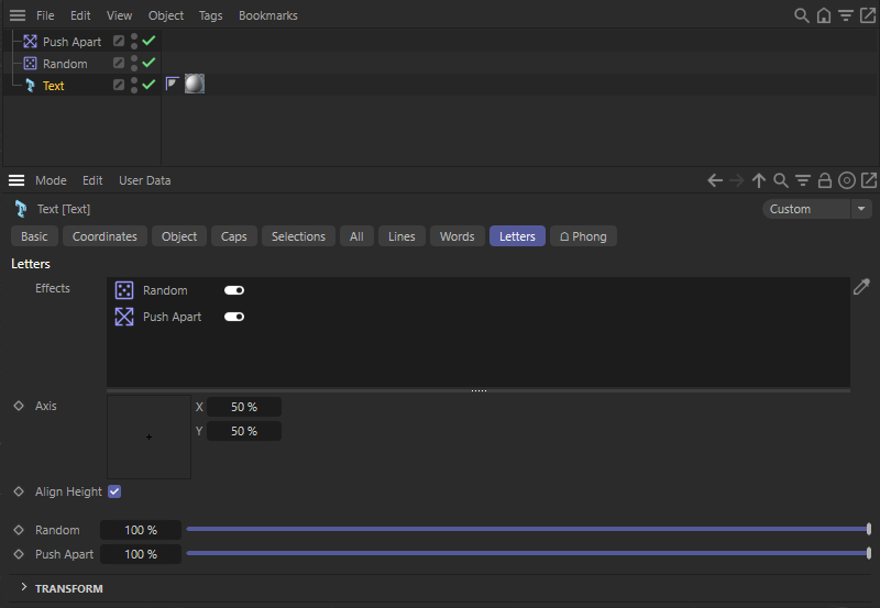 This configuration randomly moves and rotates all the letters of the text one by one before establishing a minimum distance between them.