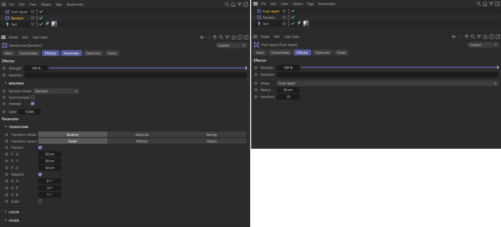 This figure shows the settings used for the two MoGraph effectors.