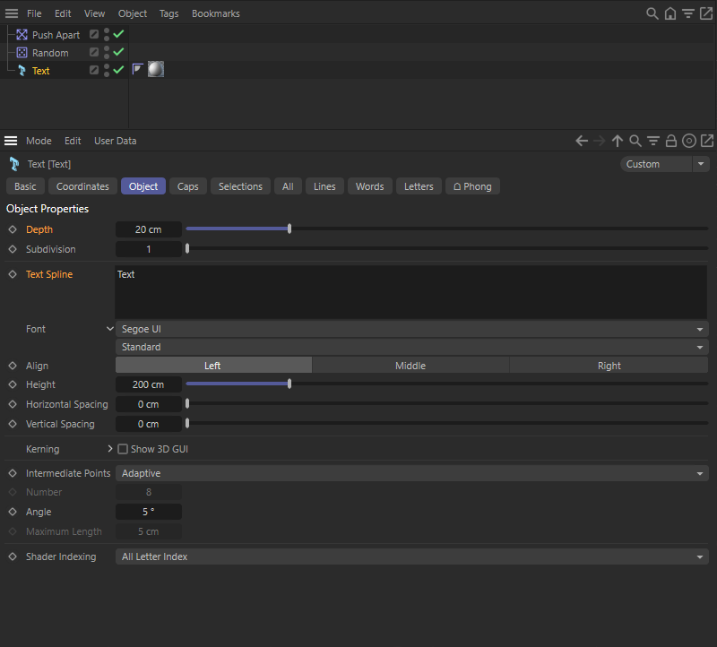 The first thing to do is to identify the settings of interest for passing to After Effects. Here we decide on the depth and text spline settings on the text object.
