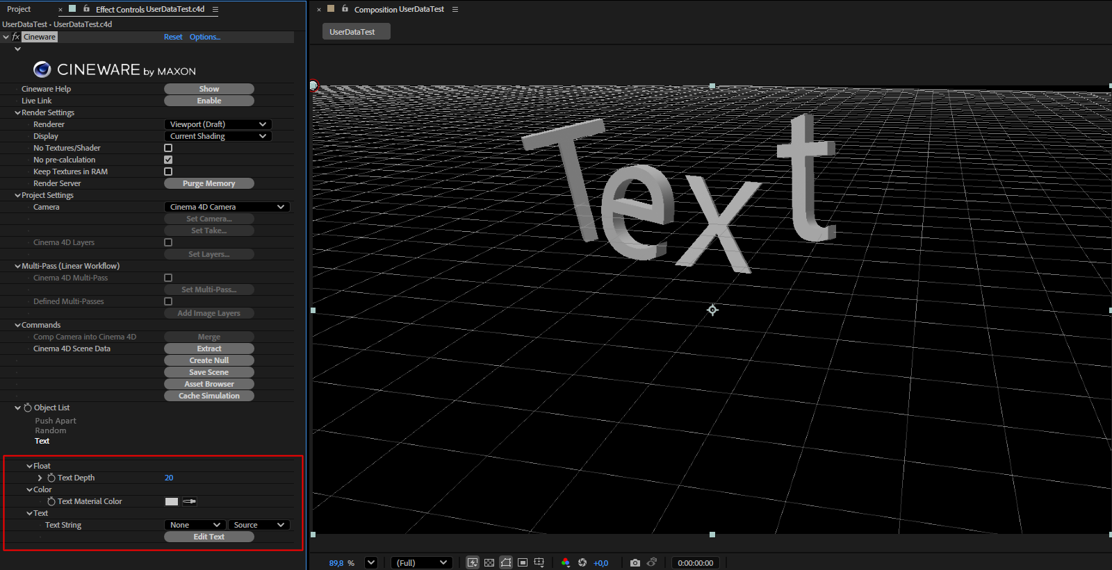 After selecting an entry in the object list, the user data related to this object will appear in a separate area of the effect settings, sorted by data type.