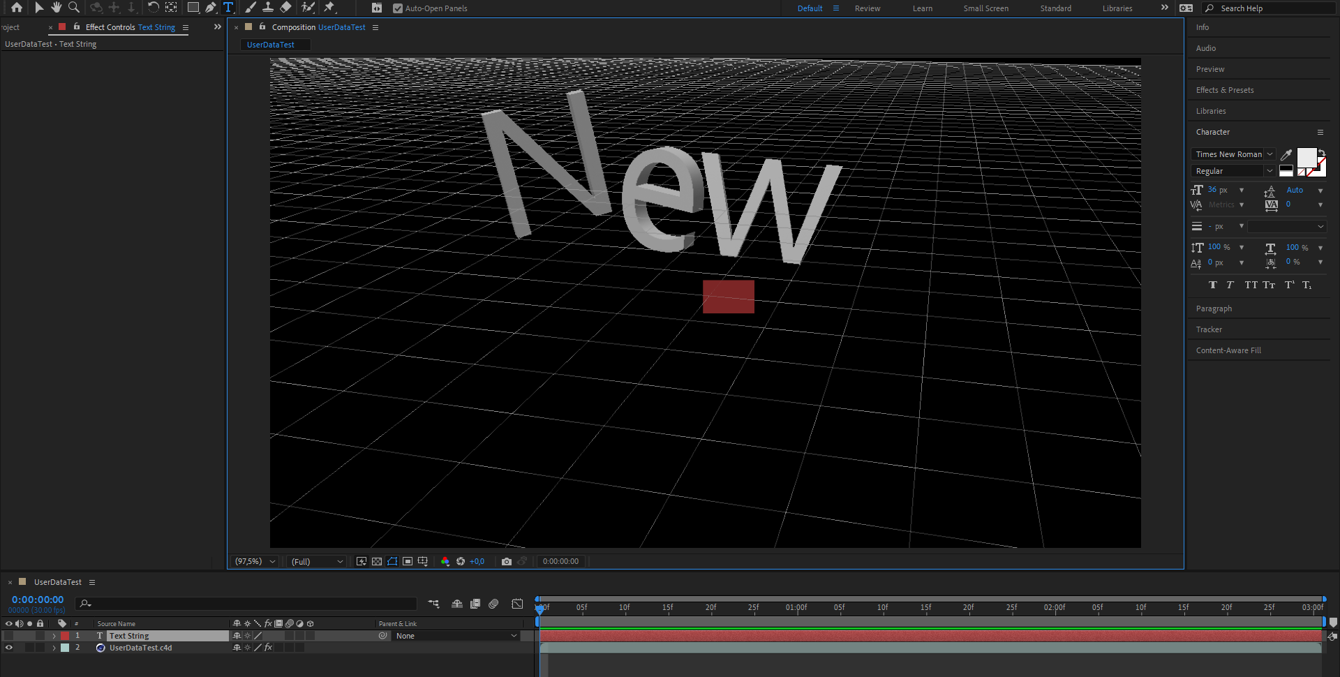 Editing text user data is done via a separate text layer in the composition (red highlighted area in the composition view). The original text was edited in this way directly in After Affects.