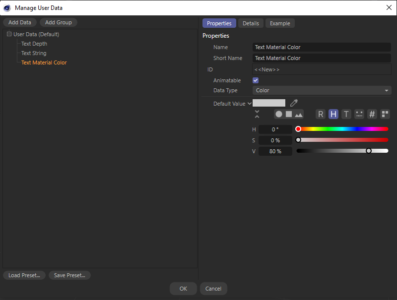 Create a new user data entry on the Text object for entering the material color.