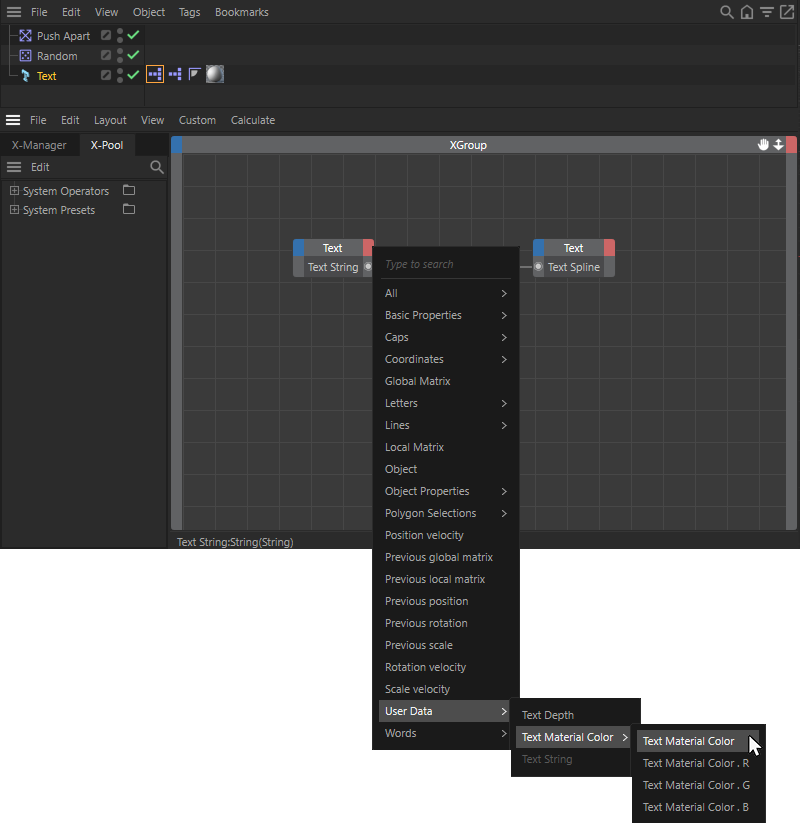 Adding the output of the user data color value at the node of the text object