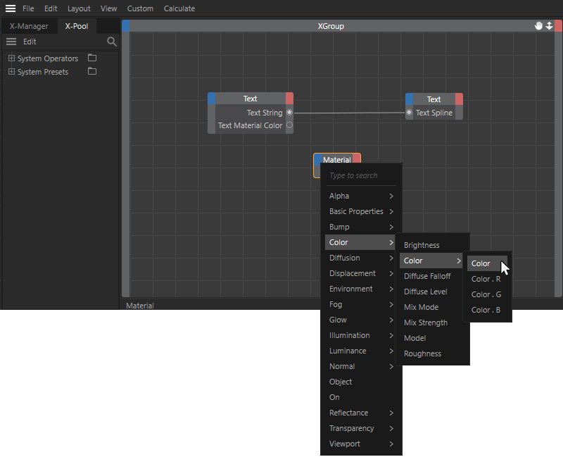 Adding the material node and creating an input for the color in the color channel.