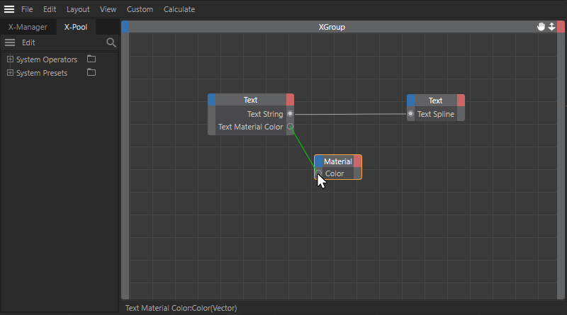Draw a connection between the output user data value at the text node and the color input at the material node.