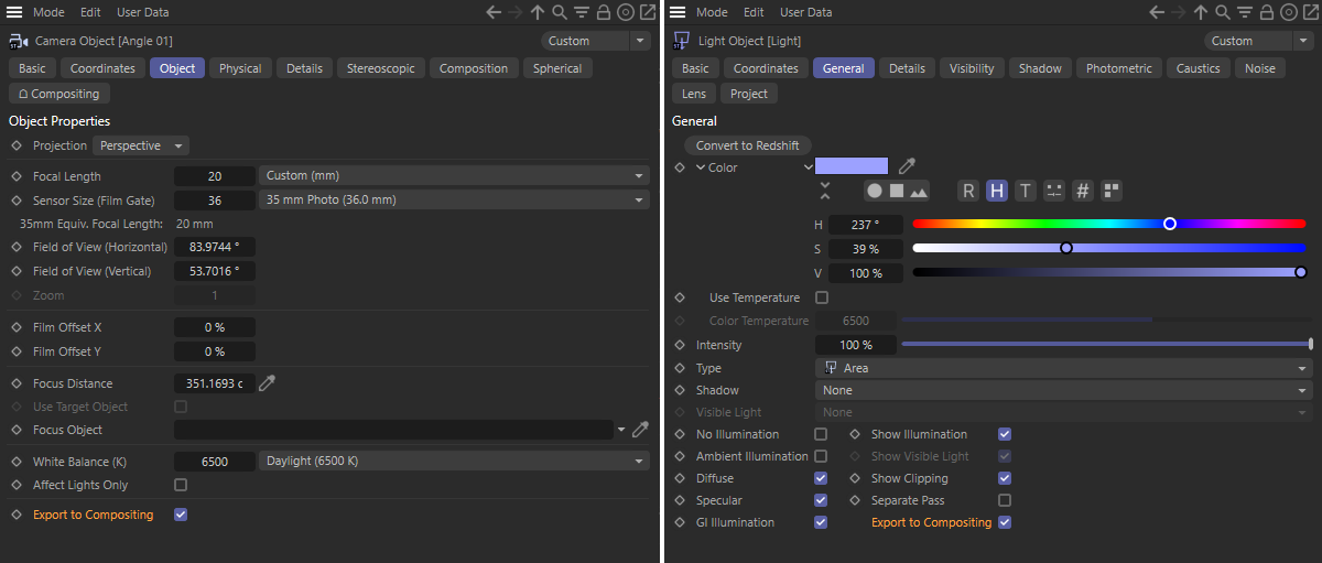 The 3D data from cameras and light sources whose Export to Composition options are active can be included in the After Effects composition file.