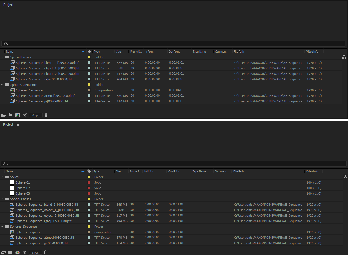 The top half of the image shows an example of a composition file imported into After Effects with no 3D data saved. The bottom half of the image shows an example of a composition file that also contains Cineware tags and exported 3D data for the camera and light source.