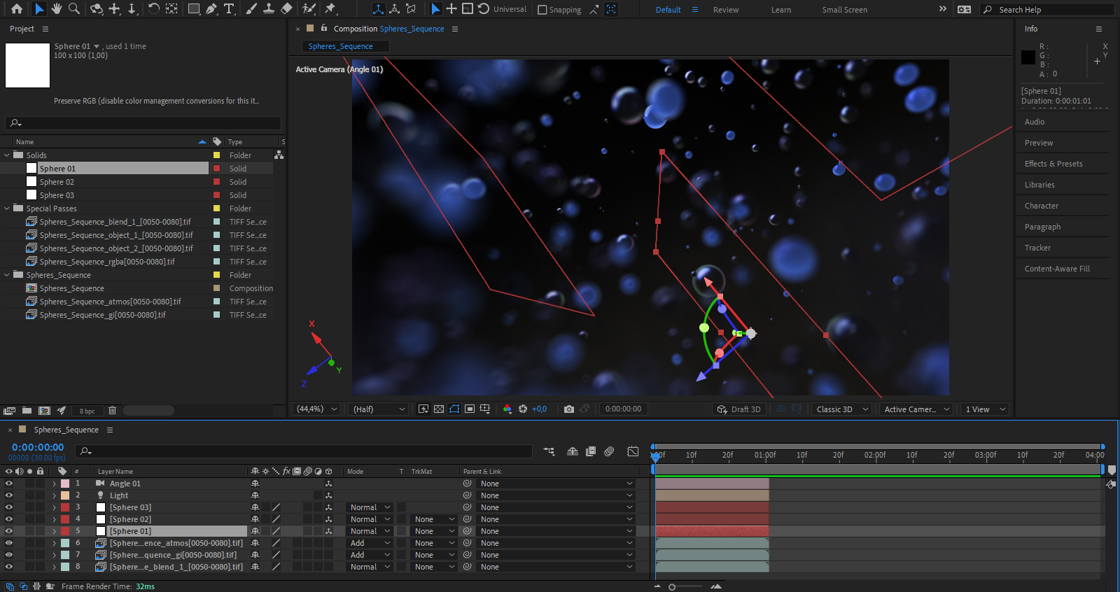 View the fully loaded composition in Adobe After Effects. In the Timeline you can also see Tracks for the camera and a light source.