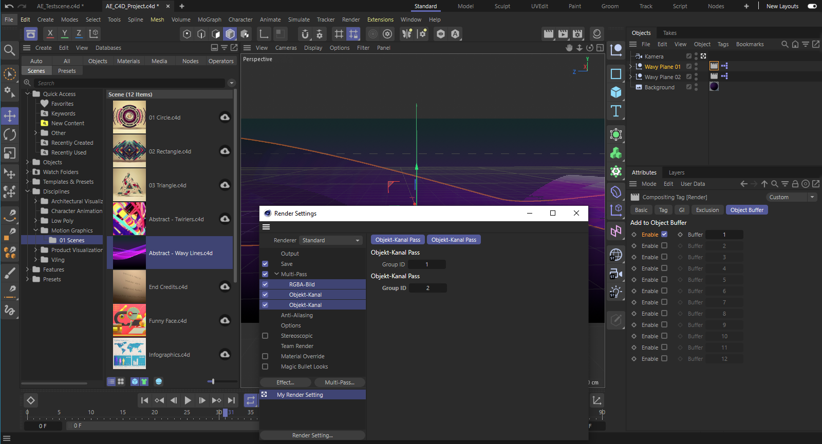 The new scene is filled with objects in Cinema 4D. In addition, we will adjust the render resolution, the calculation quality, the frame range to be rendered and the required Multi-Passes in the Render Settings.