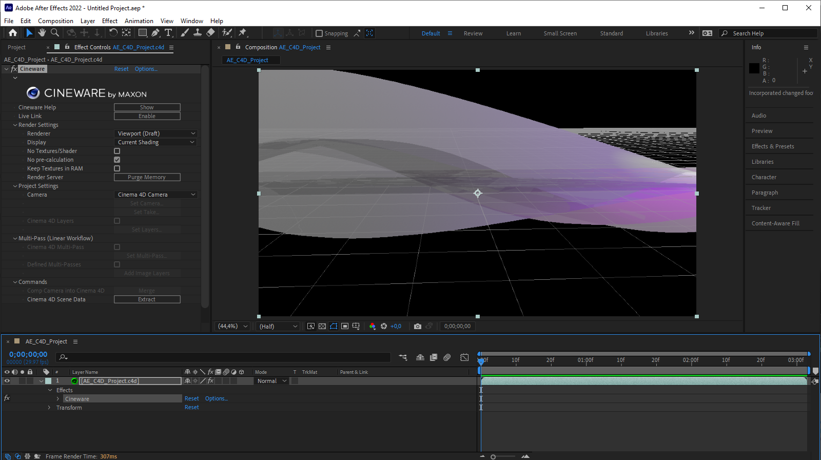 The updated Cinema 4D file as a layer of a new composition in Adobe Efter Effects.