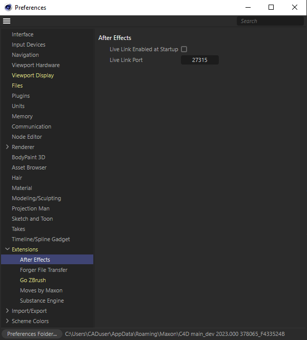 Preferences for the Live Link feature in Cinema 4D's Program Preferences.