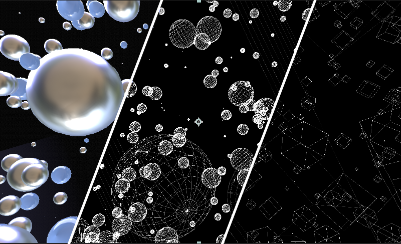 On the left you can see Current Shading, which uses the active Gouraud Shading in Cinema 4D. The Wireframe at the center only displays the object's edges and on the right, in Quad mode, the objects are only indicated via a quad wireframe.