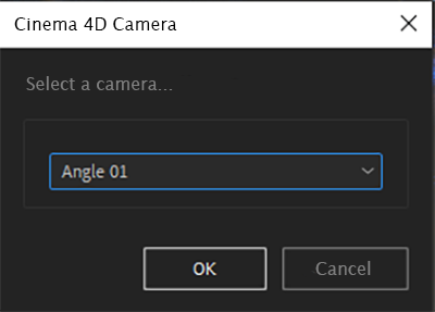 Selection dialog for the available Cinema 4D cameras in the loaded project.