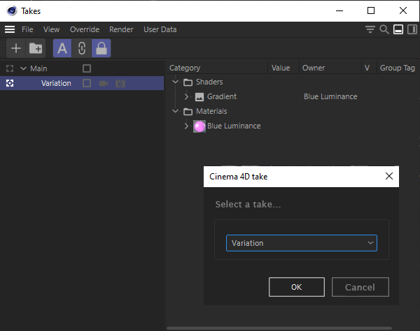 The large window shows the Take Manager, the management window for takes in Cinema 4D. The After Effects dialog at the bottom right shows what can be selected in the Takes in the Cinema 4D scene.