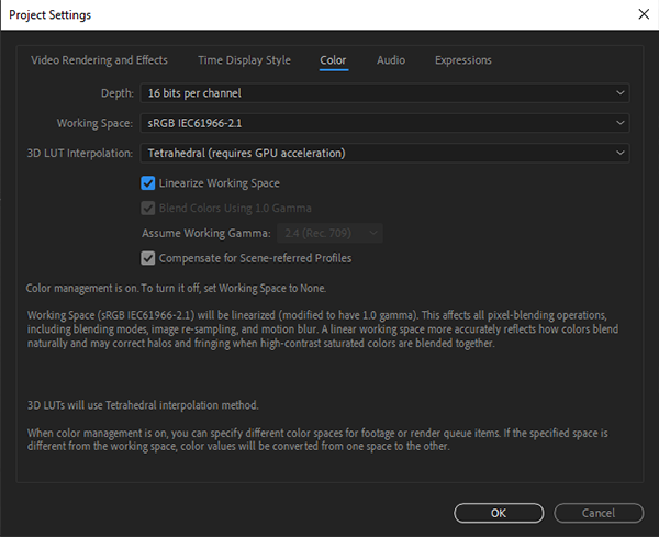 The project settings in After Effects and the ability to have the working color space linearized there.