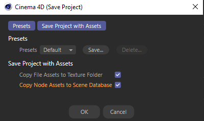 Settings for the Save Project Incl. Assets command.