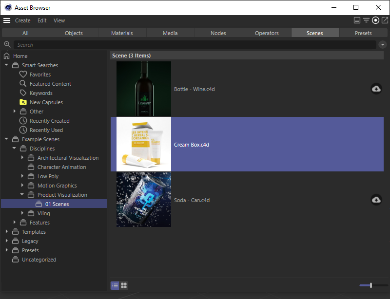 We use one of the supplied projects from the Cinema 4D Asset Browser as the basis for the following steps.