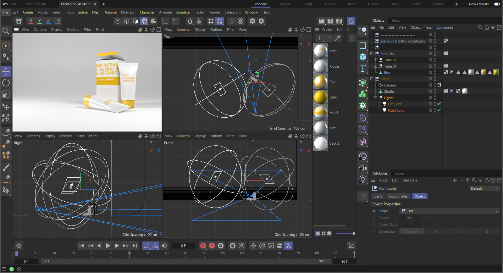 Two Area lights replace the self-luminous areas for scene illumination.