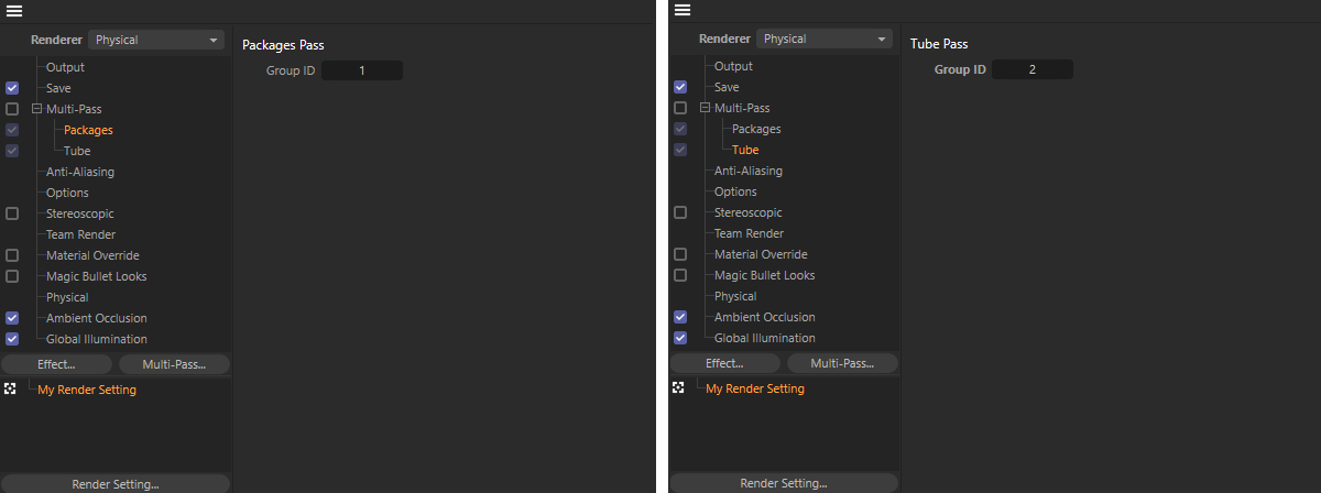 Configuration of the two object masks in the multi-pass group in the Render Settings.