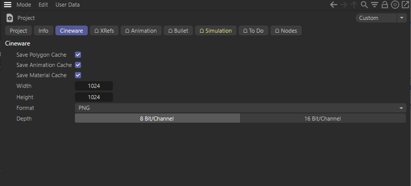 The project presets for Cineware.