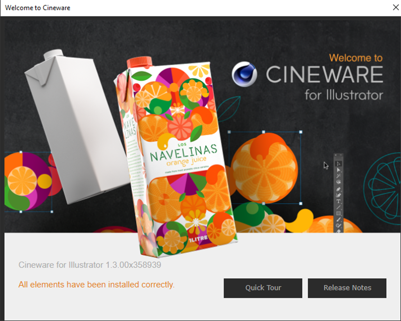 A Cineware welcome window in Adobe Illustrator after successful installation of the plug-in.