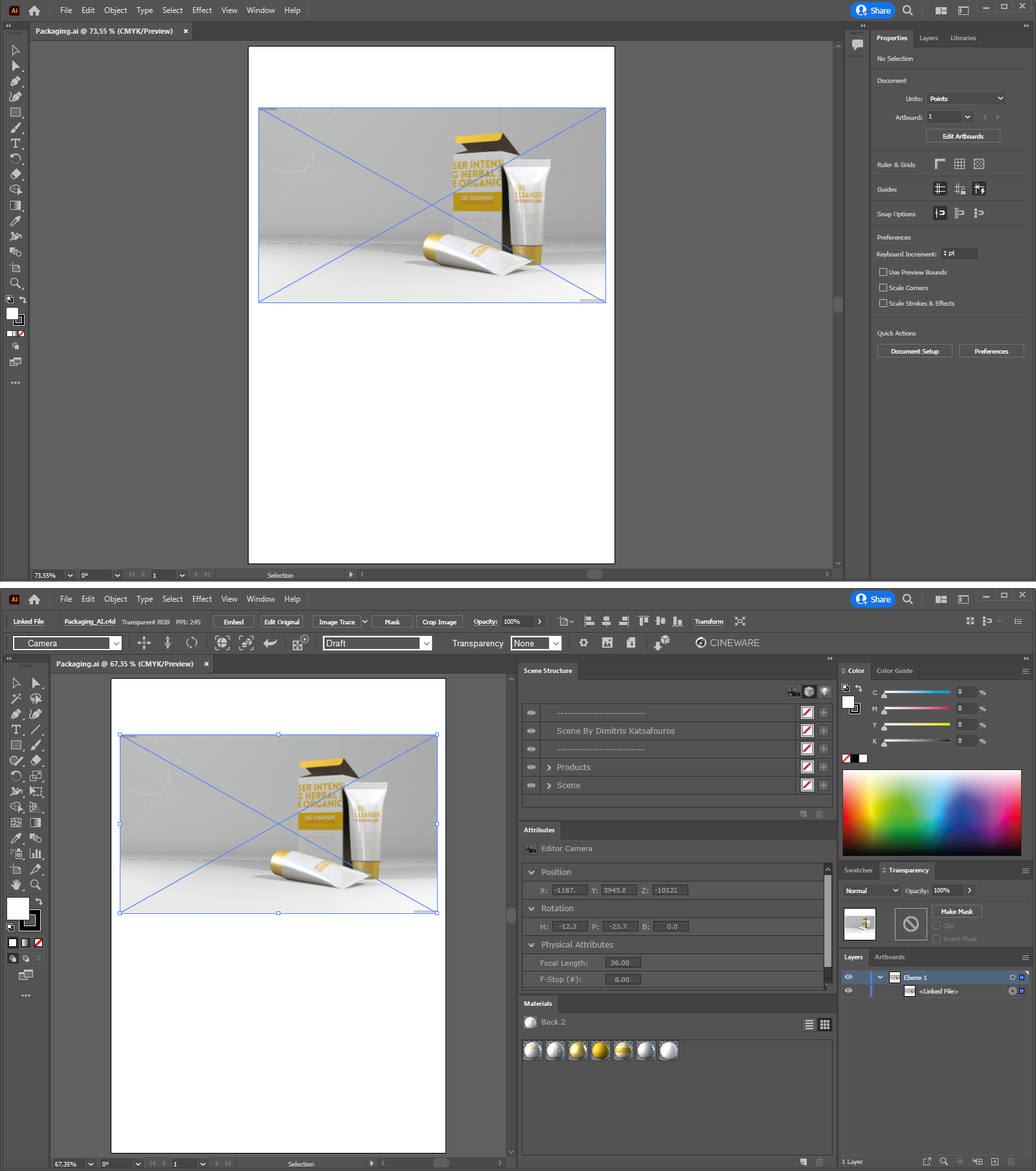 In the upper half, you can see a placed 3D view with the default Adobe Illustrator layout. Below this the same document but with a special Cineware layout.