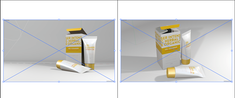 Change the perspective using the Move and Rotate icons in the Control Bar. On the left you can see the original perspective, on the right the modified view of the products in Cineware.