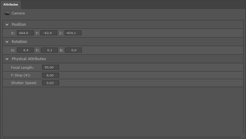 Attributes for a selected camera.