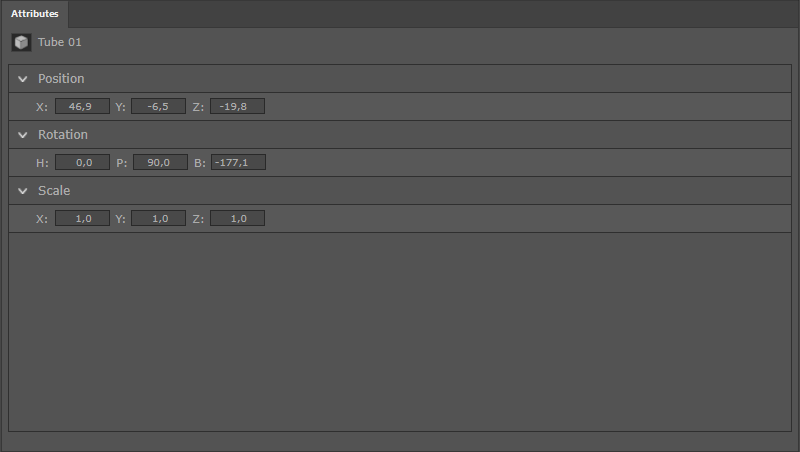 Attributes for a selected object.