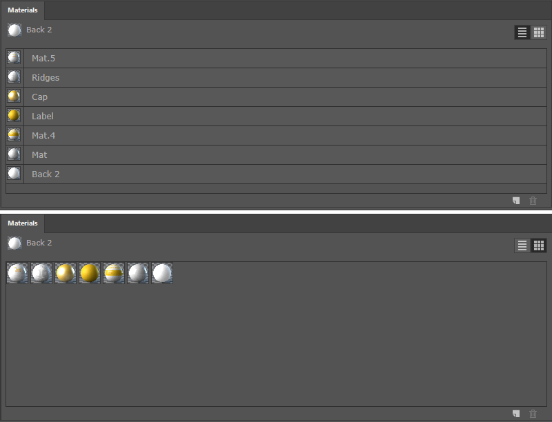 Different display modes of the Material Manager.