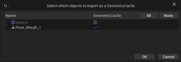 An object named 'Sphere' is imported here, on which a morph target named 'Pose_Morph_1' has been defined in Cinema 4D.