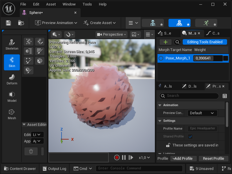 When editing a Skeletal Mesh, the Pose Morph target states contained there can also be read and tested directly (see numerical value and slider in the separate Morph Targets tab on the right).