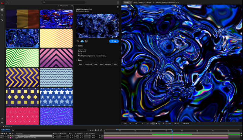 The Studio browser inside After Effects displaying a grid of background capsule thumbnails with preview artwork.