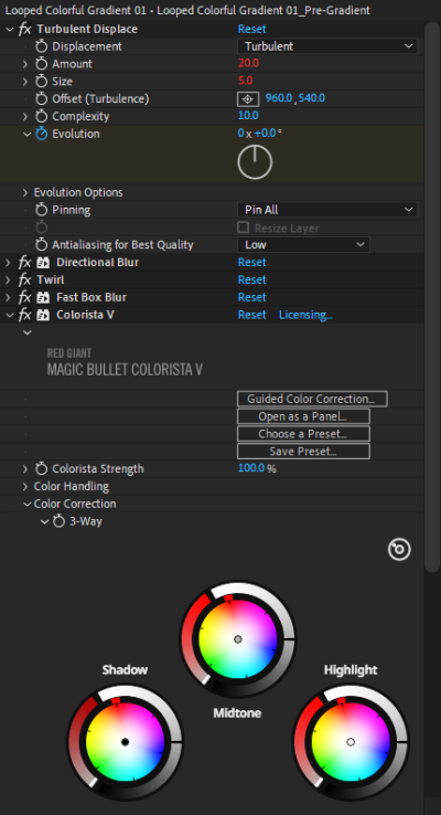 A capsule's internal layer stack showing Adobe Turbulent Displace, Twirl, and Maxon Magic Bullet Colorista V applied to a single layer.