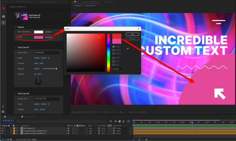 A finished After Effects composition combining gradient, text, and graphic capsules into a single polished layout.