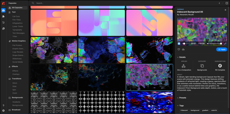 Maxon Studio interface shown as a one-stop browser for applying and editing capsules inside After Effects.