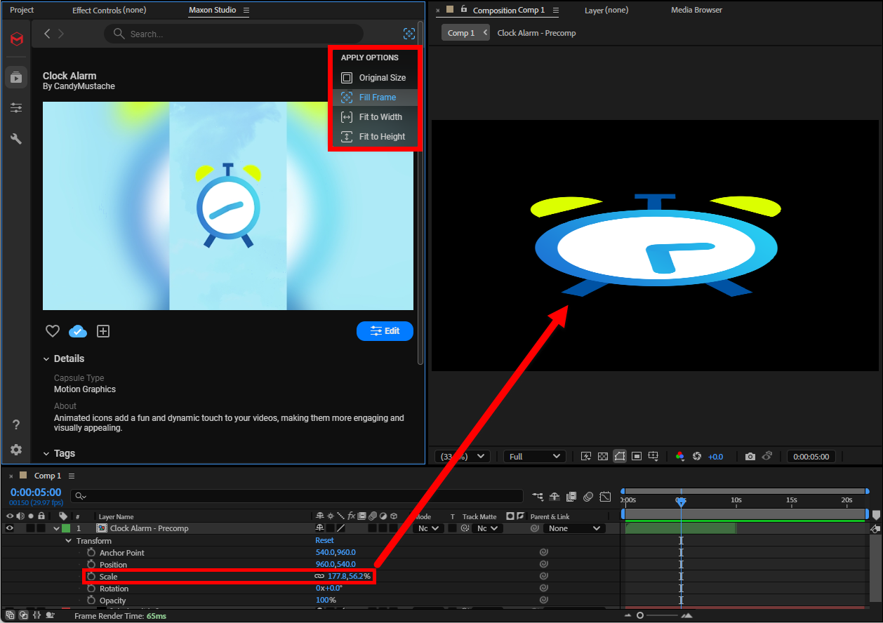 The same capsule applied with Fill Frame, stretched to match the host composition's width and height.