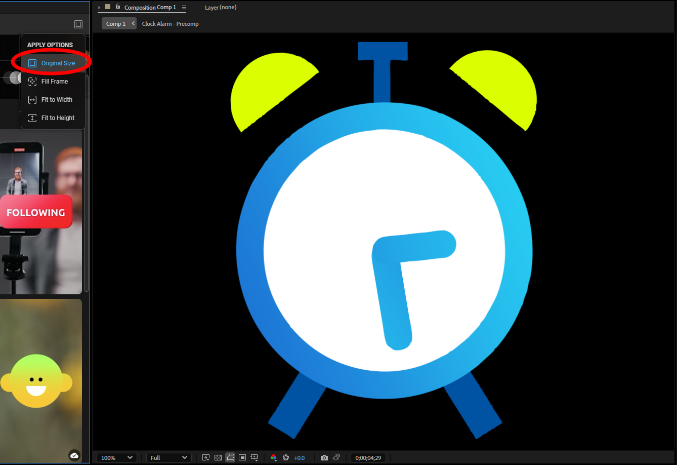 A capsule applied with Original Size, preserving its default 16:9 proportions within the After Effects composition.