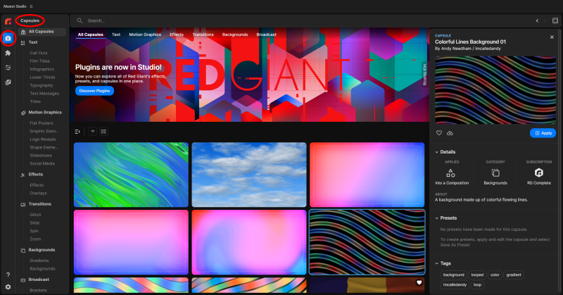 The Studio Capsules Page showing a gallery of capsule preview thumbnails with category and filter controls along the top.