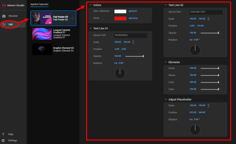 The Studio Edit Page showing grouped parameter controls exposed by the capsule creator for quick adjustment.
