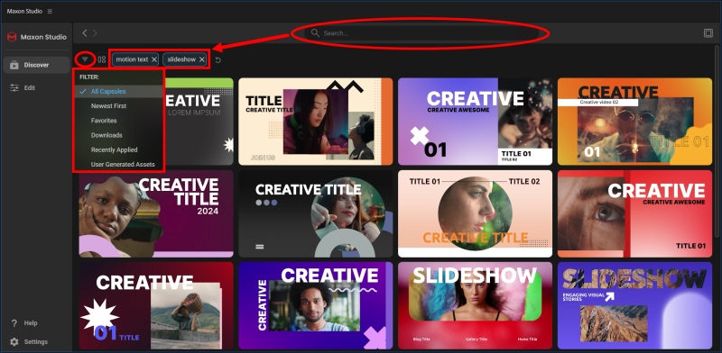 Studio's Capsules Page with category, subcategory, and search controls highlighted for filtering the capsule gallery.