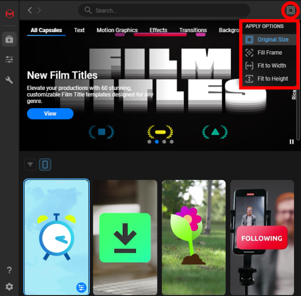 The Apply Options pull-down menu showing Original Size, Fill Frame, Fit to Width, and Fit to Height choices.