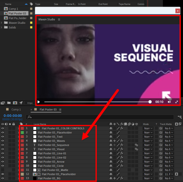 The After Effects layer stack for a single motion graphics capsule, showing its 13 constituent layers.