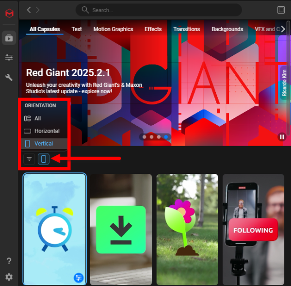 The Capsules gallery filtered by Vertical orientation, showing only portrait-format capsule thumbnails.