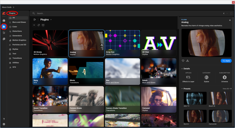 The Plugins Page showing the plugin grid with category navigation on the left, the Analog plugin selected with its preview and details panel on the right, and preset thumbnails below.