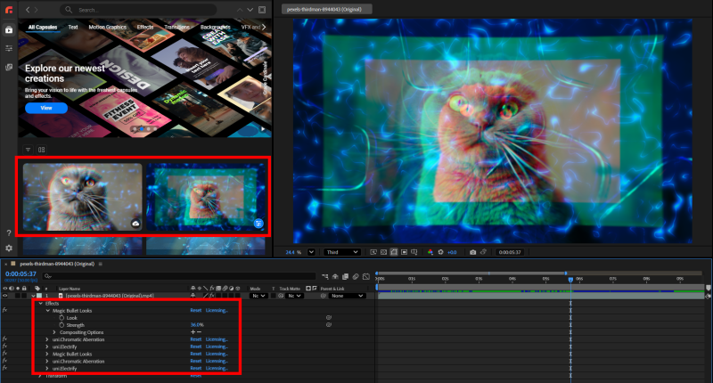 Multiple iterations of an effects capsule saved as distinct capsule variants in the Studio gallery.
