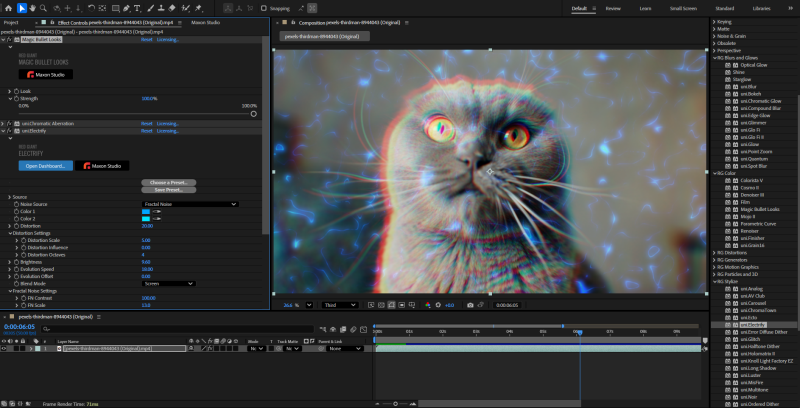 An After Effects project with a cat video clip and three Red Giant effects applied: Magic Bullet Looks, Chromatic Aberration, and Electrify.