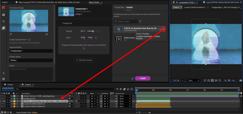 Clicking Find in Timeline from the Assets panel jumps the selection to the asset's layer on the After Effects timeline.
