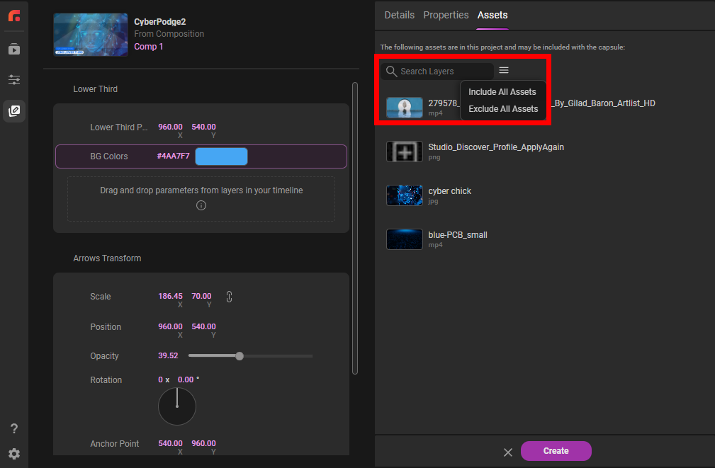 The Assets panel's Search Layers field with 'st' typed in, returning two matching assets (Artlist and Studio) with an Include/Exclude dropdown.
